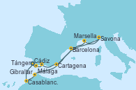 Visitando Cádiz (España), Casablanca (Marruecos), Tánger (Marruecos), Barcelona, Savona (Italia), Marsella (Francia), Cartagena (Murcia), Málaga, Gibraltar (Inglaterra), Cádiz (España)