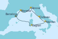 Visitando Barcelona, Cagliari (Cerdeña), Nápoles (Italia), Civitavecchia (Roma), Génova (Italia), Marsella (Francia), Barcelona Visitando Barcelona, Cagliari (Cerdeña), Nápoles (Italia), Civitavecchia (Roma), Génova (Italia), Marsella (Francia), Barcelona