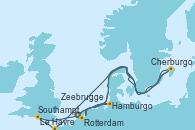 Visitando Rotterdam (Holanda), Cherburgo (Francia), Le Havre (Francia), Southampton (Inglaterra), Hamburgo (Alemania), Zeebrugge (Bruselas), Cherburgo (Francia)
