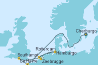 Visitando Cherburgo (Francia), Le Havre (Francia), Southampton (Inglaterra), Hamburgo (Alemania), Zeebrugge (Bruselas), Rotterdam (Holanda)