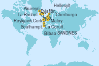 Visitando Southampton (Inglaterra), Cork (Irlanda), Akureyri (Islandia), Eyjafjördur (Islandia), Reykjavik (Islandia), Reykjavik (Islandia), Maloy (Noruega), Hellesylt (Noruega), SANDNES (STAVANGER), Southampton (Inglaterra), La Rochelle (Francia), Bilbao (España), La Coruña (Galicia/España), Cherburgo (Francia), Southampton (Inglaterra)