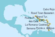 Visitando La Romana (República Dominicana), Castries (Santa Lucía/Caribe), Pointe a Pitre (Guadalupe), Antigua (Antillas), Basseterre (Antillas), Road Town (Isla Tórtola/Islas Vírgenes), La Romana (República Dominicana), Isla Catalina (República Dominicana), Cabo Rojo, Puerto Plata, Republica Dominicana, Grand Turks(Turks & Caicos), Samana (República Dominicana), La Romana (República Dominicana)