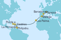 Visitando Savona (Italia), Barcelona, Málaga, Las Palmas de Gran Canaria (España), Pointe a Pitre (Guadalupe), Philipsburg (St. Maarten), La Romana (República Dominicana), Castries (Santa Lucía/Caribe), Pointe a Pitre (Guadalupe)