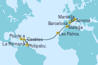 Visitando Marsella (Francia), Savona (Italia), Barcelona, Málaga, Las Palmas de Gran Canaria (España), Pointe a Pitre (Guadalupe), Philipsburg (St. Maarten), La Romana (República Dominicana), Castries (Santa Lucía/Caribe), Pointe a Pitre (Guadalupe)