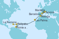 Visitando Marsella (Francia), Savona (Italia), Barcelona, Málaga, Las Palmas de Gran Canaria (España), Pointe a Pitre (Guadalupe), Philipsburg (St. Maarten), La Romana (República Dominicana)