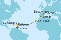 Visitando Savona (Italia), Barcelona, Málaga, Las Palmas de Gran Canaria (España), Pointe a Pitre (Guadalupe), Philipsburg (St. Maarten), La Romana (República Dominicana) Visitando Savona (Italia), Barcelona, Málaga, Las Palmas de Gran Canaria (España), Pointe a Pitre (Guadalupe), Philipsburg (St. Maarten), La Romana (República Dominicana)