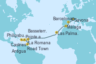 Visitando Savona (Italia), Barcelona, Málaga, Las Palmas de Gran Canaria (España), Pointe a Pitre (Guadalupe), Philipsburg (St. Maarten), La Romana (República Dominicana), Castries (Santa Lucía/Caribe), Pointe a Pitre (Guadalupe), Antigua (Antillas), Basseterre (Antillas), Road Town (Isla Tórtola/Islas Vírgenes), La Romana (República Dominicana)