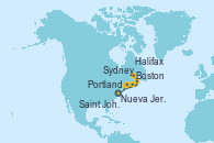 Visitando Nueva Jersey (Estados Unidos), Boston (Massachusetts), Portland (Maine/Estados Unidos), Saint John (New Brunswick/Canadá), Halifax (Canadá), Sydney (Nueva Escocia/Canadá), Nueva Jersey (Estados Unidos)