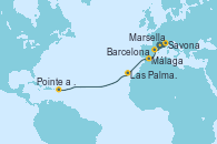 Visitando Marsella (Francia), Savona (Italia), Barcelona, Málaga, Las Palmas de Gran Canaria (España), Pointe a Pitre (Guadalupe) Visitando Marsella (Francia), Savona (Italia), Barcelona, Málaga, Las Palmas de Gran Canaria (España), Pointe a Pitre (Guadalupe)
