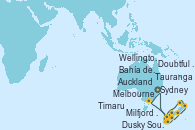 Visitando Sydney (Australia), Melbourne (Australia), Dusky Sound (Nueva Zelanda), Doubtful Sound (Nueva Zelanda), Milfjord Sound (Nueva Zelanda), Timaru (Nueva Zelanda), Wellington (Nueva Zelanda), Tauranga (Nueva Zelanda), Auckland (Nueva Zelanda), Bahía de las Islas (Nueva Zelanda), Sydney (Australia)