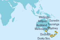 Visitando Sydney (Australia), Melbourne (Australia), Milfjord Sound (Nueva Zelanda), Doubtful Sound (Nueva Zelanda), Dusky Sound (Nueva Zelanda), Dunedin (Nueva Zelanda), Wellington (Nueva Zelanda), Tauranga (Nueva Zelanda), Auckland (Nueva Zelanda)