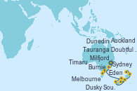 Visitando Sydney (Australia), Eden (Nueva Gales), Burnie (Tasmania/Australia), Melbourne (Australia), Milfjord Sound (Nueva Zelanda), Doubtful Sound (Nueva Zelanda), Dusky Sound (Nueva Zelanda), Dunedin (Nueva Zelanda), Timaru (Nueva Zelanda), Tauranga (Nueva Zelanda), Auckland (Nueva Zelanda)