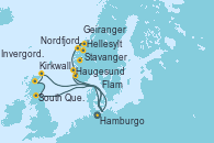Visitando Hamburgo (Alemania), Haugesund (Noruega), Flam (Noruega), Nordfjordeid, Hellesylt (Noruega), Geiranger (Noruega), Stavanger (Noruega), Hamburgo (Alemania), South Queensferry (Escocia), South Queensferry (Escocia), Invergordon (Escocia), Kirkwall (Escocia), Hamburgo (Alemania)