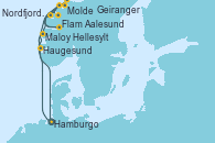 Visitando Hamburgo (Alemania), Haugesund (Noruega), Maloy (Noruega), Hellesylt (Noruega), Geiranger (Noruega), Molde (Noruega), Nordfjordeid, Flam (Noruega), Aalesund (Noruega), Hamburgo (Alemania)
