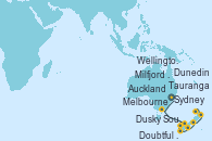 Visitando Sydney (Australia), Melbourne (Australia), Milfjord Sound (Nueva Zelanda), Dusky Sound (Nueva Zelanda), Doubtful Sound (Nueva Zelanda), Dunedin (Nueva Zelanda), Wellington (Nueva Zelanda), Tauranga (Nueva Zelanda), Auckland (Nueva Zelanda)