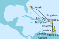 Visitando Fuerte de France (Martinica), Pointe a Pitre (Guadalupe), Philipsburg (St. Maarten), St. John´s (Antigua y Barbuda), Basseterre (Antillas), Roseau (Dominica), Fuerte de France (Martinica), Pointe a Pitre (Guadalupe), Bridgetown (Barbados), Kingstown (Granadinas), Saint George (Grenada), Castries (Santa Lucía/Caribe), Fuerte de France (Martinica)