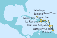 Visitando La Romana (República Dominicana), Isla Catalina (República Dominicana), Samana (República Dominicana), Grand Turks(Turks & Caicos), Amber Cove (República Dominicana), Cabo Rojo, La Romana (República Dominicana), Castries (Santa Lucía/Caribe), Bridgetown (Barbados), Pointe a Pitre (Guadalupe), Basseterre (Antillas), Road Town (Isla Tórtola/Islas Vírgenes), La Romana (República Dominicana)