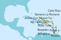 Visitando Pointe a Pitre (Guadalupe), Basseterre (Antillas), Road Town (Isla Tórtola/Islas Vírgenes), La Romana (República Dominicana), Isla Catalina (República Dominicana), Samana (República Dominicana), Amber Cove (República Dominicana), Grand Turks(Turks & Caicos), Cabo Rojo, La Romana (República Dominicana), Roseau (Dominica), Bridgetown (Barbados), Pointe a Pitre (Guadalupe)