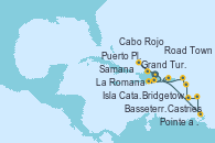Visitando La Romana (República Dominicana), Grand Turks(Turks & Caicos), Puerto Plata, Republica Dominicana, Samana (República Dominicana), Isla Catalina (República Dominicana), Cabo Rojo, La Romana (República Dominicana), Castries (Santa Lucía/Caribe), Bridgetown (Barbados), Pointe a Pitre (Guadalupe), Basseterre (Antillas), Road Town (Isla Tórtola/Islas Vírgenes), La Romana (República Dominicana)