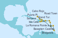 Visitando Pointe a Pitre (Guadalupe), Basseterre (Antillas), Road Town (Isla Tórtola/Islas Vírgenes), La Romana (República Dominicana), Grand Turks(Turks & Caicos), Puerto Plata, Republica Dominicana, Samana (República Dominicana), Isla Catalina (República Dominicana), Cabo Rojo, La Romana (República Dominicana), Castries (Santa Lucía/Caribe), Bridgetown (Barbados), Pointe a Pitre (Guadalupe)