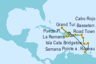 Visitando La Romana (República Dominicana), Roseau (Dominica), Bridgetown (Barbados), Pointe a Pitre (Guadalupe), Basseterre (Antillas), Road Town (Isla Tórtola/Islas Vírgenes), La Romana (República Dominicana), Grand Turks(Turks & Caicos), Puerto Plata, Republica Dominicana, Samana (República Dominicana), Isla Catalina (República Dominicana), Cabo Rojo, La Romana (República Dominicana)