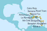 Visitando La Romana (República Dominicana), Isla Catalina (República Dominicana), Amber Cove (República Dominicana), Grand Turks(Turks & Caicos), Samana (República Dominicana), Cabo Rojo, La Romana (República Dominicana), Kingstown (Granadinas), Bridgetown (Barbados), Pointe a Pitre (Guadalupe), Basseterre (Antillas), Road Town (Isla Tórtola/Islas Vírgenes), La Romana (República Dominicana)