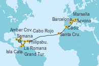 Visitando La Romana (República Dominicana), Isla Catalina (República Dominicana), Cabo Rojo, Grand Turks(Turks & Caicos), Amber Cove (República Dominicana), Samana (República Dominicana), La Romana (República Dominicana), Philipsburg (St. Maarten), Santa Cruz de Tenerife (España), Cádiz (España), Barcelona, Marsella (Francia), Savona (Italia)