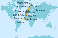 Visitando Dover (Inglaterra), Rotterdam (Holanda), Funchal (Madeira), Santa Cruz de la Palma (España), Santa Cruz de Tenerife (España), Las Palmas de Gran Canaria (España), Arrecife (Lanzarote/España), Lisboa (Portugal), Dover (Inglaterra), Rotterdam (Holanda), Aalesund (Noruega), Trondheim (Noruega), Hammerfest (Noruega), Tromso (Noruega), Alta (Noruega), Alta (Noruega), Andalsnes (Noruega), Bergen (Noruega), Lerwick (Escocia), Rotterdam (Holanda)