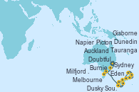 Visitando Sydney (Australia), Eden (Nueva Gales), Burnie (Tasmania/Australia), Melbourne (Australia), Dusky Sound (Nueva Zelanda), Milfjord Sound (Nueva Zelanda), Doubtful Sound (Nueva Zelanda), Dunedin (Nueva Zelanda), Picton (Australia), Napier (Nueva Zelanda), Gisborne (Nueva Zelanda), Tauranga (Nueva Zelanda), Auckland (Nueva Zelanda), Auckland (Nueva Zelanda)