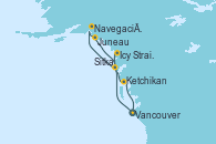 Visitando Vancouver (Canadá), Icy Strait Point (Alaska), Sitka (Alaska), Navegación por Glaciar Hubbard (Alaska), Juneau (Alaska), Ketchikan (Alaska), Vancouver (Canadá)