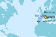 Visitando Génova (Italia), Civitavecchia (Roma), Ajaccio (Córcega), Marsella (Francia), Barcelona