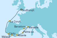 Visitando Southampton (Inglaterra), La Coruña (Galicia/España), Cádiz (España), Málaga, Alicante (España), Palma de Mallorca (España), Marsella (Francia), Barcelona