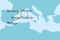 Visitando Málaga, Alicante (España), Palma de Mallorca (España), Marsella (Francia), Barcelona