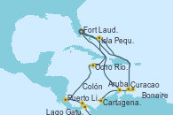 Visitando Fort Lauderdale (Florida/EEUU), Isla Pequeña (San Salvador/Bahamas), Curacao (Antillas), Cartagena de Indias (Colombia), Lago Gatun (Panamá), Colón (Panamá), Puerto Limón (Costa Rica), Ocho Ríos (Jamaica), Fort Lauderdale (Florida/EEUU), Curacao (Antillas), Bonaire (Países Bajos), Aruba (Antillas), Isla Pequeña (San Salvador/Bahamas), Fort Lauderdale (Florida/EEUU)