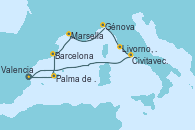 Visitando Valencia, Palma de Mallorca (España), Barcelona, Marsella (Francia), Génova (Italia), Livorno, Pisa y Florencia (Italia), Civitavecchia (Roma), Valencia