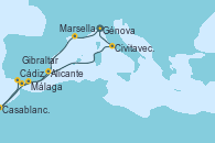 Visitando Génova (Italia), Marsella (Francia), Málaga, Casablanca (Marruecos), Cádiz (España), Gibraltar (Inglaterra), Alicante (España), Civitavecchia (Roma), Génova (Italia)