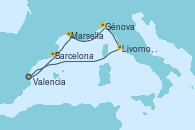 Visitando Valencia, Barcelona, Marsella (Francia), Génova (Italia), Livorno, Pisa y Florencia (Italia), Valencia