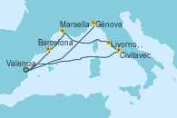 Visitando Valencia, Barcelona, Marsella (Francia), Livorno, Pisa y Florencia (Italia), Civitavecchia (Roma), Valencia, Génova (Italia)