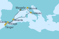 Visitando Marsella (Francia), Málaga, Tánger (Marruecos), Portimao (Portugal), Ceuta (España), Alicante (España), Civitavecchia (Roma), Génova (Italia), Marsella (Francia)