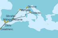 Visitando Alicante (España), Civitavecchia (Roma), Génova (Italia), Marsella (Francia), Málaga, Casablanca (Marruecos), Cádiz (España), Gibraltar (Inglaterra), Alicante (España)
