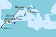 Visitando Marsella (Francia), Málaga, Casablanca (Marruecos), Cádiz (España), Gibraltar (Inglaterra), Alicante (España), Civitavecchia (Roma), Génova (Italia), Marsella (Francia)
