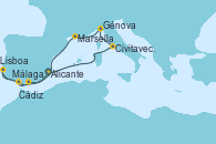 Visitando Alicante (España), Civitavecchia (Roma), Génova (Italia), Marsella (Francia), Málaga, Cádiz (España), Lisboa (Portugal), Alicante (España)