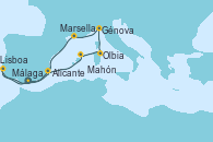 Visitando Málaga, Portimao (Portugal), Lisboa (Portugal), Alicante (España), Mahón (Menorca/España), Olbia (Cerdeña), Génova (Italia), Marsella (Francia), Málaga