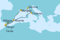 Visitando Málaga, Tánger (Marruecos), Portimao (Portugal), Ceuta (España), Alicante (España), Civitavecchia (Roma), Génova (Italia), Marsella (Francia), Málaga