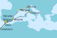 Visitando Málaga, Casablanca (Marruecos), Cádiz (España), Gibraltar (Inglaterra), Alicante (España), Civitavecchia (Roma), Génova (Italia), Marsella (Francia), Málaga