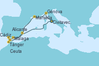 Visitando Civitavecchia (Roma), Génova (Italia), Marsella (Francia), Málaga, Cádiz (España), Tánger (Marruecos), Ceuta (España), Alicante (España), Civitavecchia (Roma)
