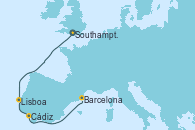 Visitando Southampton (Inglaterra), Lisboa (Portugal), Cádiz (España), Barcelona