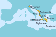 Visitando Ravenna (Italia), Dubrovnik (Croacia), Kotor (Montenegro), Corfú (Grecia), Katakolon (Olimpia/Grecia), Mykonos (Grecia), Santorini (Grecia), Atenas (Grecia)