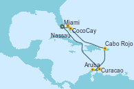 Visitando Miami (Florida/EEUU), Curacao (Antillas), Aruba (Antillas), Cabo Rojo, CocoCay (Bahamas), Nassau (Bahamas), Miami (Florida/EEUU)
