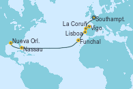 Visitando Southampton (Inglaterra), La Coruña (Galicia/España), Vigo (España), Lisboa (Portugal), Funchal (Madeira), Nassau (Bahamas), Nueva Orleans (Luisiana)